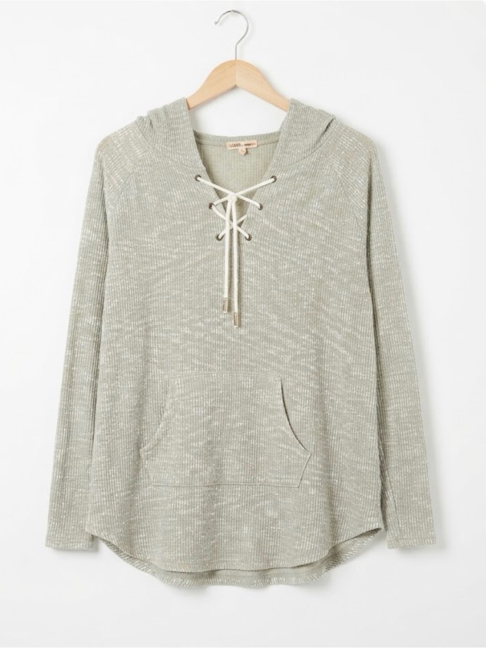 Green Grey Waffle Knit Lace Up Hoodie Sweater Tunic Thermal Plus Size 3X Top